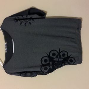 Desigual grey top with black designs, size M